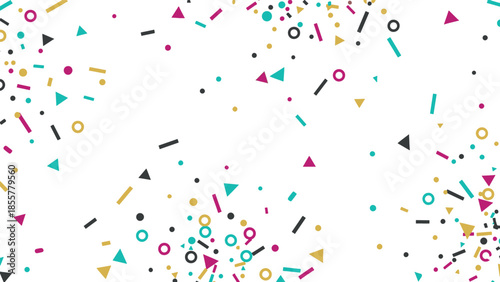 Vibrant geometric confetti elements scattering on a dark background, creating a festive and playful abstract pattern illustration.