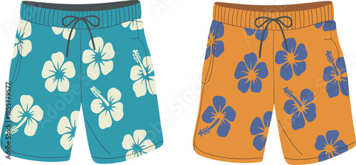 Stylish Hibiscus Pattern Swim Trunks Vector Set, in Teal and Orange for Tropical Summer Beachwear
