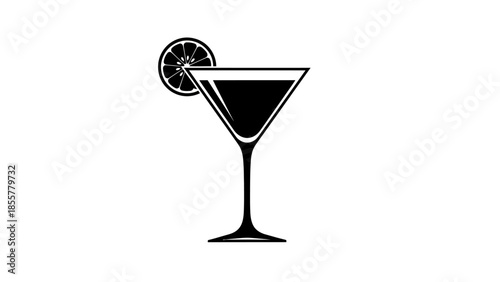 Elegant black and white martini glass with citrus garnish illustration.