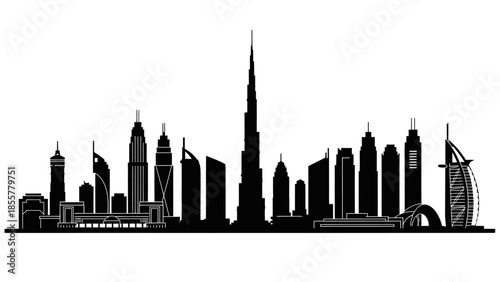 Dubai skyline silhouette with famous buildings and skyscrapers, vector illustration.