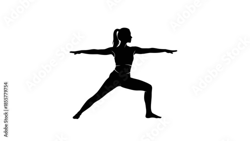 Silhouette of a woman in warrior yoga pose on white background.