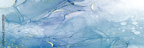 Pastel cyan mint liquid marble watercolor background with gold lines and brush stains. Teal turquoise marbled alcohol ink drawing effect. Vector illustration backdrop, watercolour wedding invitation.