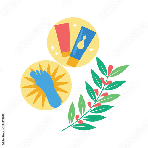 Illustration of foot care products and a sprig of leaves