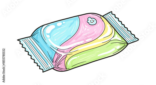 Glossy soap wrapper with colorful design isolated on a clean white background, showcasing vibrant pastel hues and a playful pattern