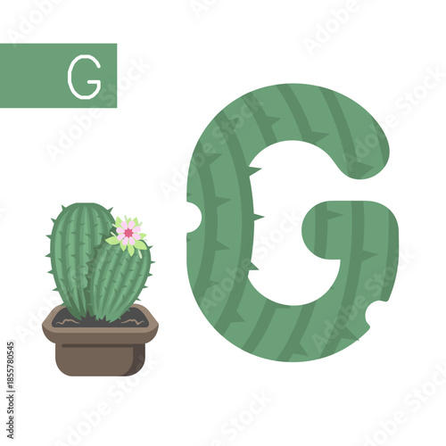 Green Cactus G letter Font Illustration with Flower in Pot.