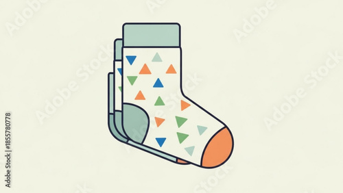 A single white sock with colorful triangles on a pale green background, illustration of a foot wearing a sock with blue, orange, and green triangles