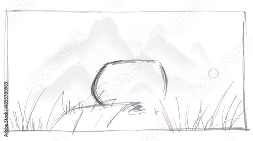 Stylized Minimalist Digital Sketch of a Mystical Glowing Portal in a Dark Abstract Landscape