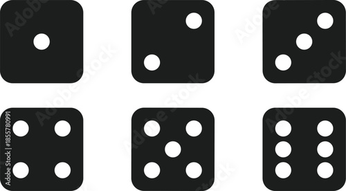 Set of six black minimalist dice icons, showing numbers one to six, flat vector illustration for board games, gambling, luck.