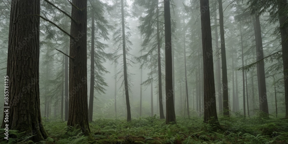 Fototapeta premium Mystischer Nebelwald im Frühling, dichte Bäume und moosbewachsene Erde im Wald