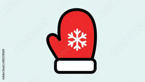 Vibrant red cartoon mittens with white snowflake on light blue background winter clothing