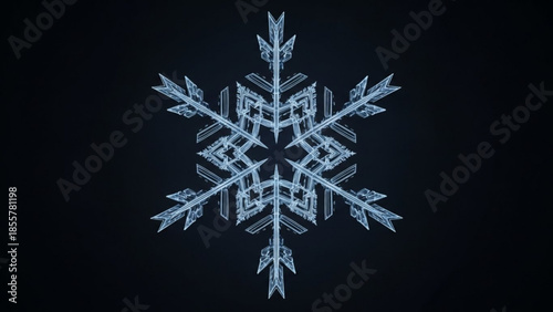 A large intricate ice crystal snowflake with six delicate symmetrical arms and sharp points against a dark background
