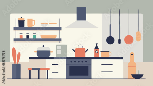 Modern kitchen interior with cooking utensils, stove, shelves and minimalist decor in soft neutral colors