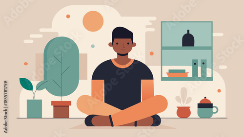 Man meditating at home in peaceful environment surrounded by plants and minimal decor elements
