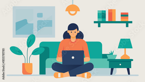 Woman working remotely on laptop while sitting on the floor in cozy living room with modern decor