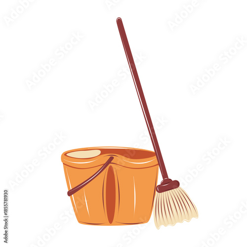 Broom with bucket for floor cleaning. Hand drawn vector illustration isolated on white, perfect for janitorial services, home cleaning routines and housekeeping illustrations.