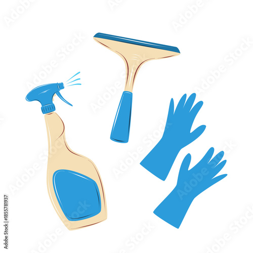 Cleaning spray bottle, rubber gloves and window squeegee. Hand drawn vector illustration isolated on white, perfect for professional cleaning services, sanitation and window washing concepts.