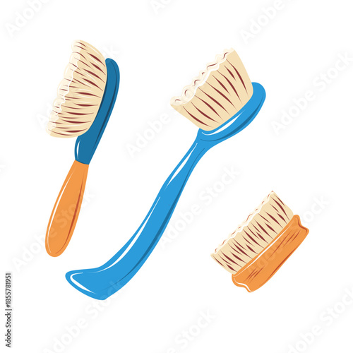 Set of scrub brushes for deep cleaning surfaces. Hand drawn vector illustration isolated on white, ideal for bathroom cleaning, kitchen hygiene, housekeeping and cleaning product design.