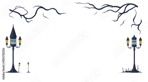 Dark Street Scene with Illuminated Vintage Lampposts and Eerie Twisted Tree Branches