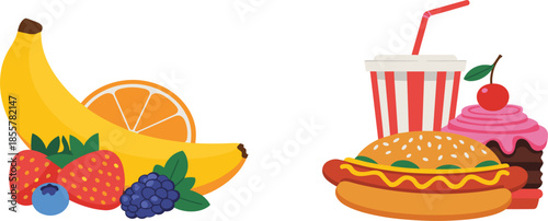 Healthy Fruit vs Fast Food Vector Illustration Set With Banana, Berries, Burger and Cupcake Icons