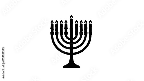 Black and white vector graphic of a Hanukkah menorah with nine lit candles.