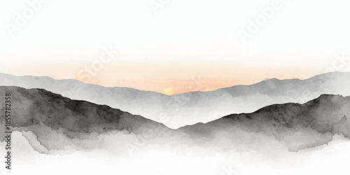 Misty mountain landscape at sunrise with a glowing sun rising over fog-covered valleys and snow-capped peaks under a dramatic dawn sky