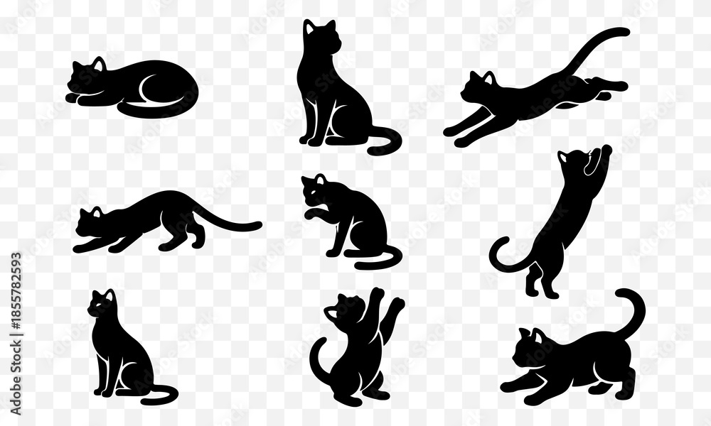 Fototapeta premium Minimal black cat silhouettes Large set of showing dynamic jumping and running poses, clean vector style perfect for icons, logos, stickers, and motion graphics on transparent background.