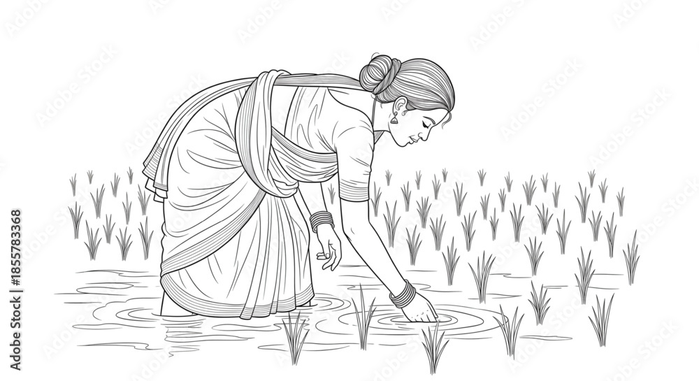 Fototapeta premium Woman Tending Rice Paddies, Sustainable Agriculture, Rural Farming, Food Production, Healthy Lifestyle, Organic Harvest, Earthy
