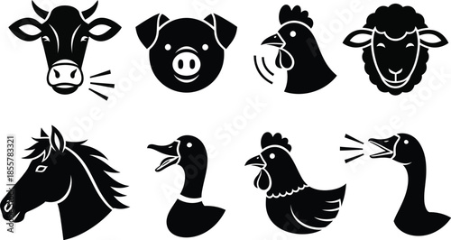 Set of black and white showing various animals including cow pig chicken sheep horse duck