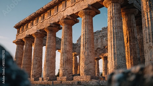Ancient Greek Temple with Doric Columns at Sunset.