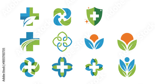 Healthcare and Wellness Logo Collection Medical Cross Shield and Organic Leaf Icons Branding