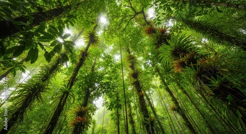 Looking up through lush green tropical forest canopy
