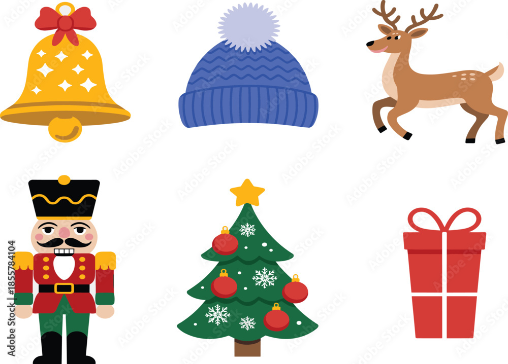 Naklejka premium Colorful Christmas Holiday Vector Set Featuring Nutcracker Reindeer Decorated Tree Gift Box and Winter Beanie