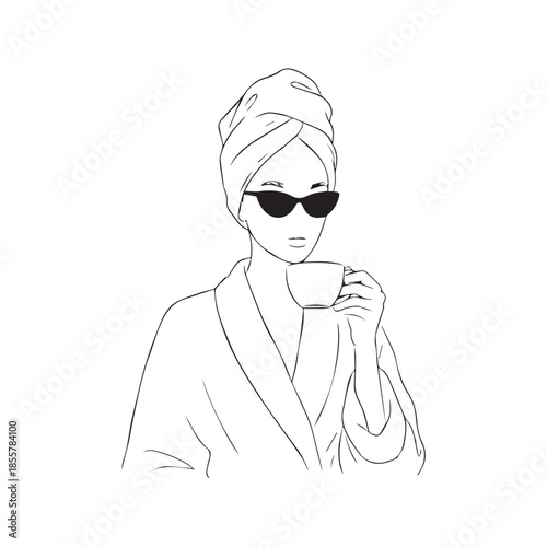 Continuous line drawing of a stylish woman in a bathrobe and towel turban wearing sunglasses and drinking coffee. Minimalist vector illustration for spa, self-care, and morning routine concepts.
