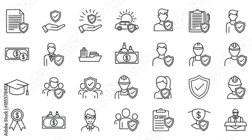 Collection of line icons depicting various business and education concepts