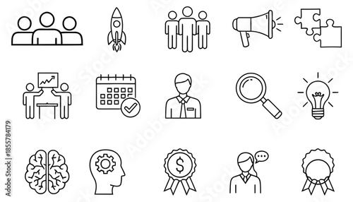A collection of business and innovation related line icons