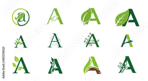 Green Leaf Letter A Logos for Eco Business, Nature Brand, Organic Marketing, Web Design, Green Energy, Fresh Start
