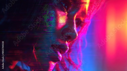 Close-up profile of a woman's face illuminated by vibrant neon lights with a digital glitch effect.
