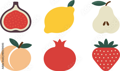 Colorful Fruit Icon Vector Set Featuring Fig Lemon Pear Peach Pomegranate and Strawberry Botanical Illustrations