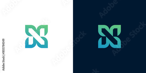 Elegant green and blue gradient logo design featuring a stylized knot or butterfly shape on white and dark backgrounds, symbolizing connection and fluidity