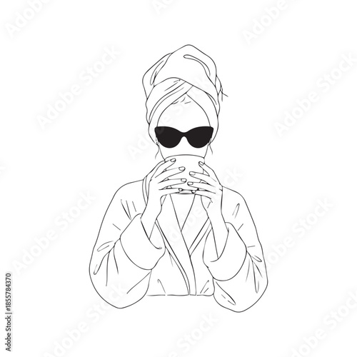 Continuous line drawing of a stylish woman in a bathrobe and towel turban wearing sunglasses and drinking coffee. Minimalist vector illustration for spa, self-care, and morning routine concepts.
