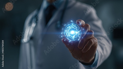 Doctor holding a glowing blue futuristic medical technology sphere representing innovation and data.