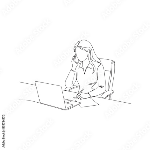 One continuous line drawing of a business woman multitasking at a desk. Female employee talking on a mobile phone and writing notes while working on a laptop computer. Minimalist vector illustration.
