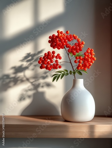 Vibrant Red Rowan Berries on Branch in Floral Arrangement