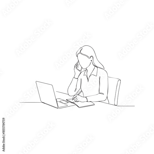 One continuous line drawing of a business woman multitasking at a desk. Female employee talking on a mobile phone and writing notes while working on a laptop computer. Minimalist vector illustration.
