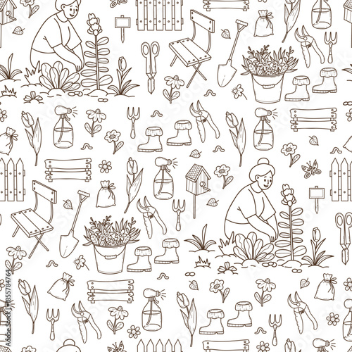 Rustic Seamless Pattern with Women Gardener and and Garden Decor. Outline Hand Drawn Female Character with Birdhouse, Fence and Tools on White Background. Vector Illustration. Not AI