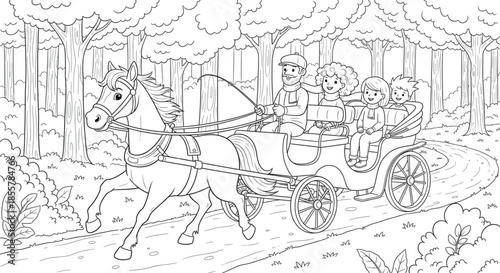 Dynamic Horse Drawn Carriage Carrying Happy Family Through Forest Outline Line Art Coloring Page Illustration