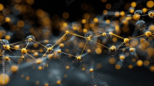 Molecular structure with connected atoms and bonds in 3D space.