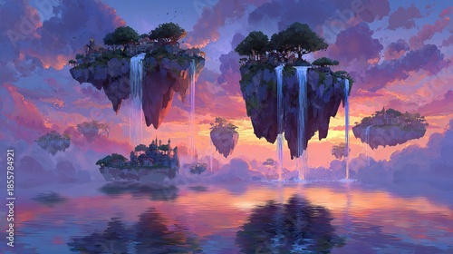 Floating islands with waterfalls and trees reflecting in a calm body of water under a vibrant sunset sky.