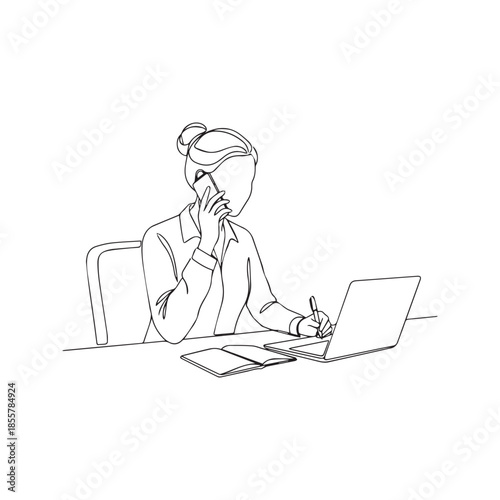 One continuous line drawing of a business woman multitasking at a desk. Female employee talking on a mobile phone and writing notes while working on a laptop computer. Minimalist vector illustration.
