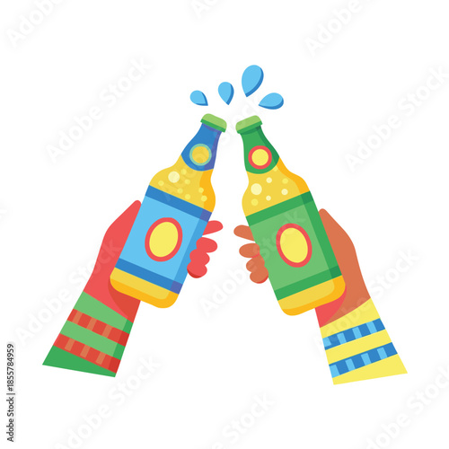 Two hands hold up beer bottles for a celebratory toast, with splashes of liquid.